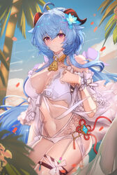  ahoge alternate_costume bare_shoulders beach bikini blue_hair breasts cleavage commentary_request female ganyu_(genshin_impact) genshin_impact hair_between_eyes highres horns kaji_zarame large_breasts long_hair looking_at_viewer navel outdoors palm_tree partial_commentary red_eyes short_sleeves smile solo stomach swimsuit thigh_strap thighs tree very_long_hair vision_(genshin_impact) white_bikini 