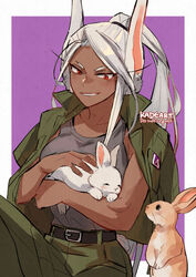  animal animal_ears belt boku_no_hero_academia border breasts commentary dark-skinned_female dark_skin female green_pants green_shirt grey_shirt holding holding_animal kadeart light_blush long_eyelashes long_hair looking_at_animal mirko muscular muscular_female outside_border pants ponytail popped_collar purple_background rabbit rabbit_ears rabbit_girl rabbit_tail red_eyes shirt shirt_on_shoulders sleeping_animal solo symbol-only_commentary tail tank_top twitter_username two-tone_background white_border white_hair yuei_school_logo 