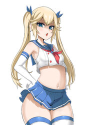  absurdres armpits asanagi_(style) blonde_hair blue_eyes blue_skirt breasts chestnut_mouth commentary_request crop_top crop_top_overhang elbow_gloves female gloves hair_ribbon highres kim_wang_jang korean_commentary last_origin looking_at_viewer midriff miniskirt navel oerba_yun_fang open_mouth pleated_skirt ribbon sailor_collar school_uniform serafuku skirt small_breasts solo thetis_(last_origin) thighhighs tsurime twintails white_gloves wide_hips 