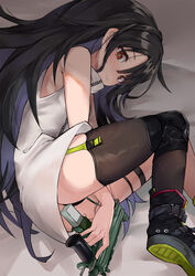  0shino armpits ass bare_arms bare_shoulders between_legs black_footwear black_hair black_panties black_thighhighs c-ms_(girls&#039;_frontline) cbj-ms closed_mouth colored_inner_hair commentary dress female girls&#039;_frontline gun holding knee_pads long_hair looking_at_viewer lying mole mole_under_eye multicolored_hair on_side panties red_eyes shoes short_dress single_thighhigh skindentation sleeveless sleeveless_dress solo submachine_gun thigh_strap thighhighs underwear very_long_hair weapon white_dress 