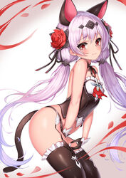  animal_ears bare_shoulders between_legs black_gloves black_panties black_ribbon black_thighhighs blush cat_ears cat_tail commentary_request crop_top ehart fake_animal_ears fake_tail female flower frilled_thighhighs frills garter_straps gloves grey_hair hair_flower hair_ornament hair_ribbon hand_between_legs honkai_(series) honkai_impact_3rd kemonomimi_mode long_hair panties petals red_eyes red_flower red_rose ribbon rose solo tail tearing_up theresa_apocalypse theresa_apocalypse_(luna_kindred) thighhighs twintails underwear very_long_hair 