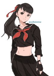  absurdres bad_id bad_twitter_id black_hair black_serafuku collarbone commentary contrapposto delinquent english_commentary female fingerless_gloves gloves highres juusan_kihei_bouei_ken long_hair long_skirt looking_at_viewer midriff pleated_skirt ponytail school_uniform serafuku simple_background skirt sukeban takamiya_yuki twitter_username vanillasketches white_background 