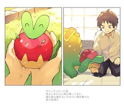  anthro apple appletun applin blush brown_hair chin_scratch duo esasi8794 evolutionary_family food fruit hair human japanese_text male mammal nintendo plant pok&eacute;mon_(species) pokemon text translation_request video_games 