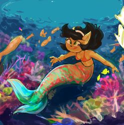  anthro bikini black_hair clothing dbaru domestic_cat felid feline felis female fur green_eyes hair hi_res kitty_katswell mammal marine merfolk mermaidification midriff nickelodeon sea solo split_form swimming swimwear t.u.f.f._puppy tan_body tan_fur tongue tongue_out underwater water 