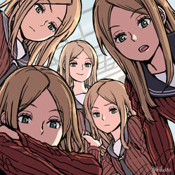  5girls brown_hair ceiling clone closed_mouth covered_mouth dutch_angle flat_chest frown furrowed_brow green_eyes hand_up highres konami_kirie long_hair long_sleeves looking_at_viewer multiple_girls necktie open_mouth otsuzaka school_uniform serafuku smile sweater world_trigger 