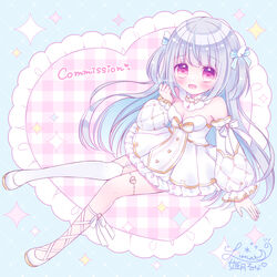  :d bare_shoulders blue_background blue_bow blue_hair blush bow breasts cleavage commentary commission detached_sleeves dress female frills full_body grey_hair hairbow hand_up heart highres himetsuki_luna long_hair long_sleeves looking_at_viewer medium_breasts multicolored_hair original pastel_colors plaid puffy_long_sleeves puffy_sleeves purple_eyes shoes signature simple_background single_thighhigh skeb_commission sleeves_past_wrists smile solo sparkle strapless strapless_dress thighhighs two-tone_hair two_side_up very_long_hair white_dress white_footwear white_thighhighs 