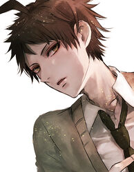  1boy ahoge brown_eyes brown_hair brown_jacket collarbone collared_shirt commentary_request danganronpa_(series) danganronpa_2:_goodbye_despair hinata_hajime jacket lips looking_at_viewer male_focus necktie open_mouth parted_lips sakuyu shirt short_hair simple_background solo upper_body white_background white_shirt 