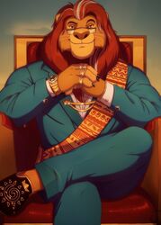  2020 anthro anthrofied blue_clothing blue_suit chair claws clock clothed clothing cuff_links digit_ring disney eyebrows eyewear facial_hair felid footwear fully_clothed fur furniture glasses grey_hair hair hi_res jewelry knuxlight lion looking_at_viewer male mammal mane mature_anthro mature_male mufasa muscular muscular_anthro muscular_male orange_body orange_fur pantherine pink_nose raised_eyebrow ring sash shoes sitting slippers smile solo suit suit_jacket the_lion_king throne watch yellow_eyes 