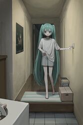  1other aqua_eyes aqua_hair artist_self-reference barefoot blush commentary female floor_tiles full_body grey_shorts hair_between_eyes hatsune_miku highres indoors long_hair open_mouth sakiika0513 shirt shorts solo_focus standing twintails very_long_hair vocaloid white_shirt wooden_floor 