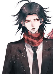  1boy ahoge black_hair black_jacket brown_eyes collared_shirt commentary_request danganronpa/zero danganronpa_(series) formal jacket looking_to_the_side lower_teeth_only male_focus matsuda_yasuke necktie open_clothes open_mouth parted_bangs red_scarf sakuyu scarf shirt short_hair sideways_glance simple_background solo teeth upper_body white_background white_shirt 