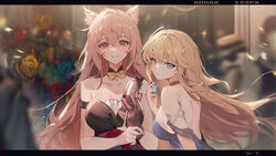  2girls absurdres alcohol animal_ears armband bare_back bare_shoulders blonde_hair blue_dress blue_eyes blush bow bowtie breasts centaureissi_(neural_cloud) choker commentary_request cup cupping_glass dress g36_(girls&#039;_frontline) girls&#039;_frontline girls&#039;_frontline_neural_cloud hair_between_eyes hand_up highres holding holding_cup kuuus large_breasts letterboxed long_hair looking_at_viewer multiple_girls official_alternate_costume persicaria_(neural_cloud) pink_hair red_eyes smile strapless strapless_dress upper_body very_long_hair wine yellow_bow yellow_bowtie 