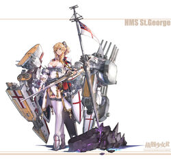  blonde_hair blue_eyes breasts cannon cross female flag high_heels highres holding holding_sword holding_weapon large_breasts machinery ponytail saint_george_(warship_girls_r) sidelocks solo sword thighhighs turret warship_girls_r weapon white_ensign white_thighhighs windforcelan 