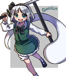  ankle_socks black_bow black_bowtie black_hairband black_ribbon bloomers blue_eyes bob_cut bobby_socks bow bowtie breasts collared_shirt feet_out_of_frame female frilled_skirt frills green_skirt green_vest grey_hair hair_ribbon hairband highres katana konpaku_youmu lower_teeth_only mary_janes one-hour_drawing_challenge open_mouth puffy_short_sleeves puffy_sleeves renshirenji ribbon shirt shoes short_hair short_sleeves skirt small_breasts socks solo sword teeth touhou twitter_username underwear vest wakizashi weapon white_bloomers white_shirt white_socks 