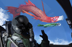  1other above_clouds aircraft airplane airplane_interior blue_sky cloud cloudy_sky day doitsuken fighter_jet fish flying flying_fish gloves green_jacket hand_up jacket jet koinobori military military_vehicle original pilot pilot_helmet sky windsock 