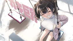  ^_^ artist_name black_hair black_shorts blunt_bangs blush breasts closed_eyes coat commentary_request copyright_name cutoffs dated day denim denim_shorts dutch_angle facing_viewer feet_out_of_frame female from_above gaki_kyonyuu grey_coat grin hair_tie head_tilt kaedeko_(kaedelic) large_breasts long_sleeves open_clothes open_coat oppai_loli outdoors paid_reward_available ribbed_sweater sasaki_kanna_(kaedeko) short_hair short_shorts short_twintails shorts signature sitting smile snow solo sweater swing swing_set thighs turtleneck turtleneck_sweater twintails v-shaped_eyebrows wavy_hair white_sweater wing_collar winter winter_clothes winter_coat 