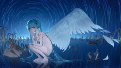  absurdres barefoot blue_eyes blue_hair bone bottle breasts collarbone commentary feathered_wings female full_body groin hair_between_eyes hair_ornament hand_on_own_knee hatsune_miku highres long_hair message_in_a_bottle night night_sky on_liquid outdoors ribs skeleton skull sky small_breasts solo squatting star_trail toyan_8210 twintails very_long_hair vocaloid wings 