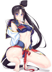  absurdres armor bare_legs barefoot bikini black_hair blue_bikini blue_eyes blush breast_curtains breasts closed_mouth commentary_request eyeliner fate/grand_order fate_(series) female full_body highres long_hair looking_at_viewer makeup medium_breasts navel revealing_clothes showgirl_skirt side_ponytail simple_background smile solo spread_legs squatting swimsuit tiptoes toes ushiwakamaru_(fate) ushiwakamaru_(swimsuit_assassin)_(fate) ushiwakamaru_(swimsuit_assassin)_(first_ascension)_(fate) very_long_hair watosu white_background 