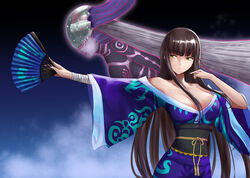  alternate_costume blue_background breasts brown_hair cleavage cloud commentary embroidered female fish green_eyes hand_fan highres holding holding_fan japanese_clothes jojobirdz kimono lips long_hair looking_to_the_side night night_sky no_bra parted_lips persona persona_5 persona_5_the_royal simple_background sky solo tougou_hifumi transparent_headwear very_long_hair 