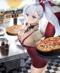  apron azur_lane belfast_(azur_lane) belfast_(piping-hot_perfection)_(azur_lane) blue_eyes braid breasts brown_shirt chains checkered_floor chromatic_aberration cleavage closed_mouth coca-cola collar commentary cowboy_shot earrings female food from_side hair_ornament hairclip highres holding holding_tray indoors jewelry large_breasts long_hair looking_at_viewer looking_to_the_side mamima official_alternate_costume pizza plate red_apron shirt short_sleeves smile solo stud_earrings tray very_long_hair waitress white_hair 