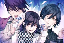  3boys ahoge artist_name bad_id bad_pixiv_id black_hair black_jacket bottle checkered_clothes checkered_scarf commentary_request danganronpa_(series) danganronpa_v3:_killing_harmony facial_hair gakuran gloves goatee hair_between_eyes hair_up holding holding_bottle jacket jacket_on_shoulders long_sleeves looking_at_viewer male_focus medium_hair momota_kaito multiple_boys oma_kokichi one_eye_closed open_mouth pink_jacket portrait purple_eyes purple_hair saihara_shuichi sakuyu scarf school_uniform shirt short_hair smile striped_clothes striped_jacket sweatdrop unmoving_pattern upper_body white_gloves white_jacket white_shirt 