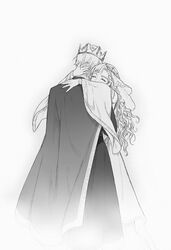  1boy ^_^ arthurian_legend braid braided_bangs cape closed_eyes commentary_request couple covered_mouth crown dress facing_viewer feet_out_of_frame female greyscale guinevere hand_on_another&#039;s_head hand_on_another&#039;s_shoulder happy highres hug jowell_she king_arthur_(mythology) long_hair long_sleeves monochrome original photoshop_(medium) simple_background standing straight veil wavy_hair white_background 