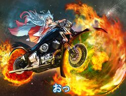  ahoge animal_ear_fluff animal_ears blue_hair borrowed_character braid detached_sleeves doitsuken driving earth_(planet) female fire flying fox_ears fox_tail gradient_hair japanese_clothes long_sleeves miko motor_vehicle motorcycle multicolored_hair multiple_tails original parted_lips pink_hair planet red_eyes red_skirt skirt sky solo star_(sky) star_(symbol) starry_background starry_sky tail two-tone_hair two_tails 