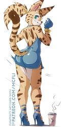  anthro ass beverage bracelet butt_pose clothed clothing coffee coffee_cup container cup dipstick_tail domestic_cat dress felid feline felis female footwear gloves green_eyes hair handwear hi_res high_heels jewelry looking_at_viewer looking_back mammal markings mcfli mixed_breed multicolored_tail ponytail pose savannah_cat simple_background solo spots stripes tail tail_markings 