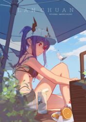  2girls arknights artist_name baseball_cap basket bikini bird_on_leg blue_hair bottle cake ch&#039;en_(arknights) commentary_request female_tourist_c_(arknights) food fruit hat highres horns hoshiguma_(arknights) hoshiguma_(ronin_huntress)_(arknights) lanchuan multiple_girls official_alternate_costume orange_(fruit) outdoors parasol ponytail red_eyes shorts sitting swimsuit umbrella 