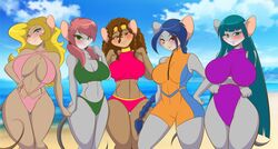  anthro areola beach blonde_hair blue_hair breasts brown_hair clothed clothing cloud colette_(thea_sisters) female fur geronimo_stilton_(series) grey_body grey_fur group hair long_hair looking_at_viewer mammal mastergodai mouse murid murine nicky_(thea_sisters) pamela_(thea_sisters) paulina_(thea_sisters) pink_hair rodent sand sea seaside skimpy sky swimwear thea_sisters violet_(thea_sisters) water 