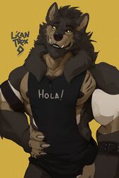  anthro artist_name bracelet canid canine canis caronte casual_clothing clothed clothing digital_media_(artwork) fluffy fur hi_res jewelry male mammal muscular muscular_anthro muscular_male mythological_canine mythological_creature mythology nipples pecs pendant ronte scar shirt simple_background smile solo spanish_text tank_top text topwear translated were werecanid werecanine werewolf wolf 