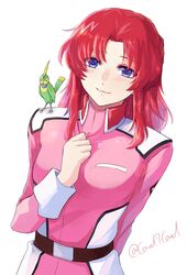  animal_on_shoulder arm_behind_back bird bird_on_shoulder blue_eyes closed_mouth female flay_allster gundam gundam_seed hair_intakes hand_on_own_chest highres long_hair long_sleeves looking_at_viewer military military_uniform red_hair simple_background smile solo standing torii_(gundam) twitter_username uniform upper_body white_background yuuka_seisen 