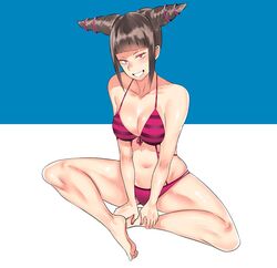  barefoot bikini black_hair blue_background breasts cleavage commentary_request evil_smile eye_(mememem) female full_body hair_horns hands_on_feet indian_style juri_han large_breasts looking_at_viewer navel pink_bikini pink_eyes purple_bikini sitting smile solo street_fighter street_fighter_iv_(series) street_fighter_v striped_bikini striped_clothes swimsuit teeth two-tone_background white_background 