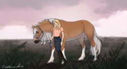  absurd_res ambiguous_gender blue_eyes clothing dolehest duo equid equine female feral field field_background hi_res horse human lead leading looking_at_viewer male_(lore) mammal mary_(bloopertrooper) maxym_(bloopertrooper) purple_eyes quadruped walking zamch 