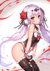  bare_shoulders between_legs black_gloves black_panties black_ribbon black_thighhighs blush commentary_request crop_top ehart female flower frilled_thighhighs frills garter_straps gloves grey_hair hair_flower hair_ornament hair_ribbon hand_between_legs honkai_(series) honkai_impact_3rd long_hair panties petals red_eyes red_flower red_rose ribbon rose solo tearing_up theresa_apocalypse theresa_apocalypse_(luna_kindred) thighhighs twintails underwear very_long_hair 