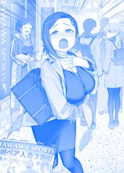  3girls backpack bag blue_theme breasts cleavage commentary commentary_request dress flyer forehead getsuyoubi_no_tawawa gimai-chan&#039;s_stepbrother_(tawawa) gimai-chan_(tawawa) hair_ornament hairclip handbag highres himura_kiseki holding_hands jacket kouhai-chan_(tawawa) large_breasts mole mole_under_eye multiple_girls open_mouth pants pantyhose shoes short_hair taut_clothes taut_dress tears trainer-san_(tawawa) translation_request wavy_mouth 