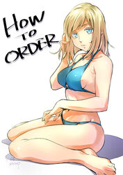  bikini blonde_hair blue_bikini blue_eyes breasts collarbone commentary english_commentary english_text female hand_in_own_hair jelly_shrimp medium_breasts medium_hair mixed-language_commentary navel original sideboob signature sitting solo swimsuit wariza 