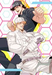  2boys baseball_cap battle_tendency belt black_headwear black_pants black_shirt blonde_hair blue_eyes breast_pocket brown_hair caesar_anthonio_zeppeli chinese_commentary clenched_hand clenched_hands colored_shadow commentary_request cosplay dress_shirt facial_mark gloves green_eyes hand_up hands_up hat hataraku_saibou holding holding_wrench honeycomb_(pattern) honeycomb_background jojo_no_kimyou_na_bouken joseph_joestar joseph_joestar_(young) killer_t_(hataraku_saibou) killer_t_(hataraku_saibou)_(cosplay) long_sleeves looking_at_viewer male_focus multiple_boys muscular muscular_male outstretched_arm pants pocket shadow shirt short_hair short_sleeves smile spadelake thigh_strap white_blood_cell_(hataraku_saibou) white_blood_cell_(hataraku_saibou)_(cosplay) white_gloves white_headwear white_pants white_shirt wrench 