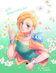  bianca_(dq5) blonde_hair blue_eyes blush bracelet braid breasts cape choker defense_zero dragon_quest dragon_quest_v earrings english_text female flower green_eyes hair_over_shoulder jewelry large_breasts long_hair looking_at_viewer orange_cape single_braid slime_(dragon_quest) smile 