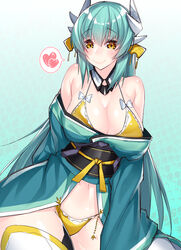  absurdres aqua_hair bikini breasts cleavage commentary_request fate/grand_order fate_(series) female hair_ornament heart highres horns japanese_clothes kimono kiyohime_(fate) kiyohime_(swimsuit_lancer)_(fate) kiyohime_(swimsuit_lancer)_(first_ascension)_(fate) long_hair navel off_shoulder solo spoken_heart swimsuit watosu yellow_bikini yellow_eyes 