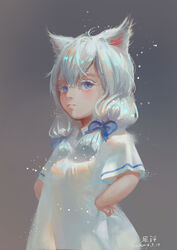  2018 absurd_res accessory animal_humanoid blue_eyes blush bow_(feature) bow_accessory bow_ribbon cat_humanoid clothed clothing dress felid felid_humanoid feline feline_humanoid female fuenzesunny hair hair_accessory hair_ribbon hairbow hi_res humanoid looking_at_viewer mammal mammal_humanoid ribbons signature simple_background solo white_clothing white_dress white_hair young 