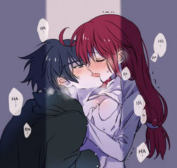  1boy blue_eyes blue_hair blush closed_eyes coat commentary_request couple english_text female fine_(futagohime) french_kiss fushigiboshi_no_futago_hime groping hair_between_eyes kissing light long_hair long_sleeves pink_hair shade_(futagohime) shirt short_hair sidelocks steaming_body straight suzuki_(2red_moon3) sweat trembling white_shirt 