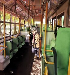  :3 ankle_boots bag black_gloves boots borrowed_character breath brown_footwear bus bus_interior coat commentary_request doitsuken female fur-trimmed_boots fur_trim gloves grey_hair grocery_bag hair_between_eyes highres jitome long_sleeves looking_at_viewer motor_vehicle oerba_yun_fang original red_eyes red_scarf scarf shopping_bag solo standing striped_clothes striped_scarf translation_request tree yellow_coat 