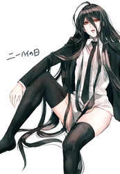  1boy ahoge black_hair black_jacket black_necktie black_thighhighs collared_shirt commentary_request crossdressing danganronpa_(series) danganronpa_2:_goodbye_despair foot_out_of_frame grey_background hair_between_eyes invisible_chair jacket kamukura_izuru knee_up long_hair long_sleeves looking_at_viewer male_focus necktie no_shoes open_clothes open_jacket open_mouth red_eyes sakuyu shirt simple_background sitting solo teeth thighhighs translation_request upper_teeth_only very_long_hair white_background white_shirt 