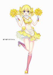  apron bandana blonde_hair bloomers blush breasts bright_pupils brown_eyes commentary_request crop_top dual_wielding duster feather_duster female frilled_apron frills full_body gloves hair_flaps hair_ornament hairband hands_up happy highres holding kneehighs knees_together_feet_apart leg_up legs light_blush looking_at_viewer maid_headdress medium_breasts merlusa midriff miniskirt navel open_mouth orange_gemstone oricorio oricorio_(pom-pom) personification pink_footwear pink_socks pokemon pom_pom_(clothes) shiny_skin shirt shoes short_hair sidelocks simple_background skirt sleeveless sleeveless_shirt smile socks solo standing standing_on_one_leg stomach teeth thighs translated twintails underwear waist_apron white_apron white_background white_bandana white_bloomers white_gloves white_pupils white_skirt wide-eyed yellow_hairband yellow_shirt 