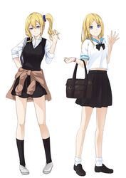  2girls absurdres alternate_costume ankle_socks bag black_dress black_footwear black_skirt black_socks blonde_hair blue_eyes blue_sailor_collar blue_scrunchie brown_cardigan cardigan cardigan_around_waist closed_mouth clothes_around_waist collared_shirt commentary_request cosmicsnic dress dual_persona full_body hair_between_eyes hair_ornament hair_scrunchie hand_on_own_hip hand_up hayasaka_ai haysaca_a._smithee highres holding holding_bag holding_own_hair kaguya-sama_wa_kokurasetai_~tensai-tachi_no_renai_zunousen~ kneehighs loafers looking_at_viewer midriff_peek multiple_girls sailor_collar school_bag school_uniform scrunchie shirt shoes short_sleeves shuuchiin_academy_school_uniform side_ponytail sidelocks simple_background skirt sleeves_rolled_up smile socks standing summer_uniform waving white_background white_footwear white_shirt white_socks 