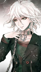  1boy ahoge black_jacket brown_shirt chained chains closed_mouth collar collarbone commentary_request danganronpa_(series) danganronpa_another_episode:_ultra_despair_girls gradient_background green_eyes grey_hair hair_between_eyes jacket komaeda_nagito long_sleeves looking_to_the_side male_focus medium_hair messy_hair metal_collar open_clothes open_jacket red_shirt sakuyu servant_(danganronpa) shirt smile solo upper_body 