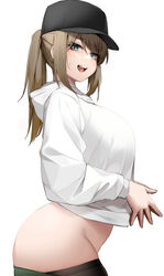  absurdres baseball_cap black_hat blue_eyes breasts brown_hair dima_(girls&#039;_frontline) female from_side girls&#039;_frontline hair_between_eyes hat highres hood hood_down hoodie korean_commentary large_breasts long_hair long_sleeves looking_at_viewer nine_(kanine41) open_mouth ponytail sidelocks simple_background smile solo sweatdrop teeth upper_teeth_only white_background white_hoodie 