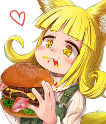  +_+ :t animal_ear_fluff animal_ears bacon blonde_hair blunt_bangs blush burger curly_hair doitsuken dress female fingernails food food_on_face fox_child_(doitsuken) fox_ears fox_tail green_dress grey_sweater heart holding lettuce original pinafore_dress short_eyebrows short_hair simple_background sleeveless sleeveless_dress solo sweater tail thick_eyebrows white_background yellow_eyes 