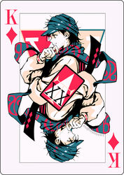  1boy black_hair brown_eyes card card_(medium) closed_mouth commentary diamond_(shape) english_commentary facial_hair floating_scarf ging_freecss green_headwear green_scarf hand_on_own_chin hand_up hunter_x_hunter instagram_username king_(playing_card) king_of_diamonds long_sleeves male_focus multiple_views playing_card rotational_symmetry scarf short_hair smile stroking_own_chin tabard turban upside-down watermark zzyzzyy 