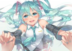  :d black_sleeves blue_eyes blue_hair blue_nails blue_necktie blush collared_shirt commentary detached_sleeves female floating_hair hair_between_eyes hair_ornament hatsune_miku holding_hands interlocked_fingers long_hair long_sleeves looking_at_viewer nail_polish necktie open_mouth pov sakikko shirt sleeveless sleeveless_shirt smile tears twintails very_long_hair vocaloid white_shirt wing_collar 